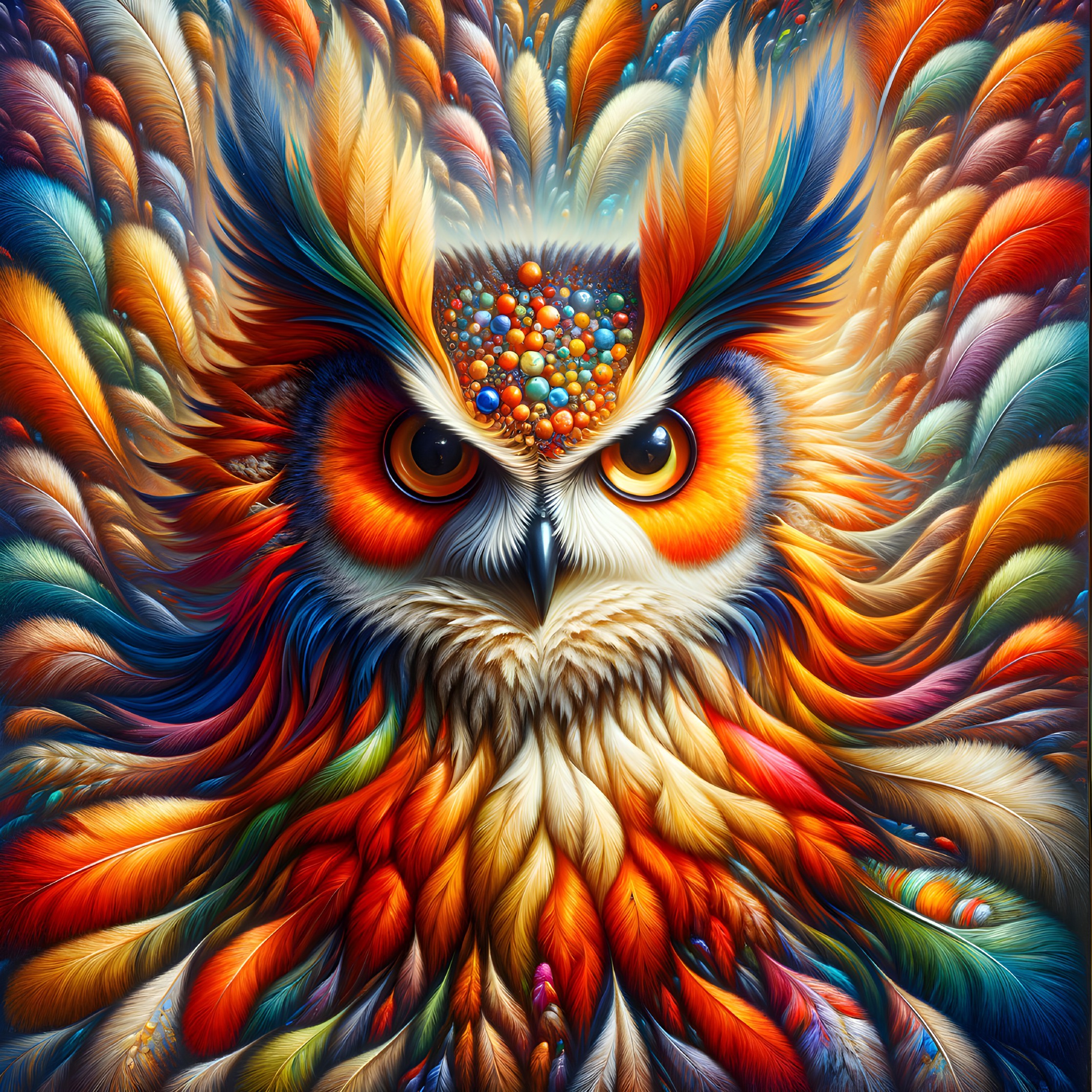 Colorful Owl Artwork with Intricate Feather Patterns