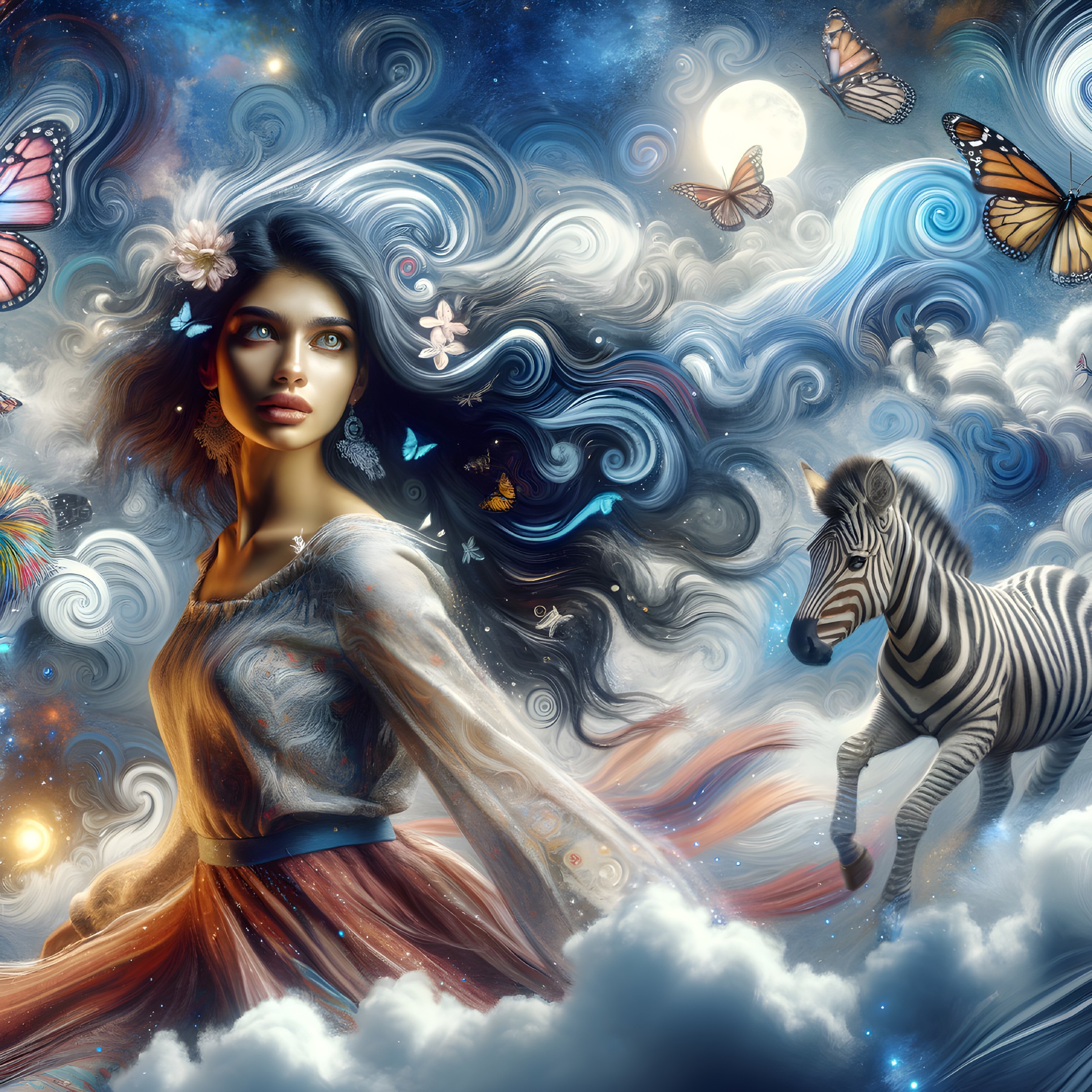 Surreal image of woman with flowing hair in clouds with butterflies and zebra