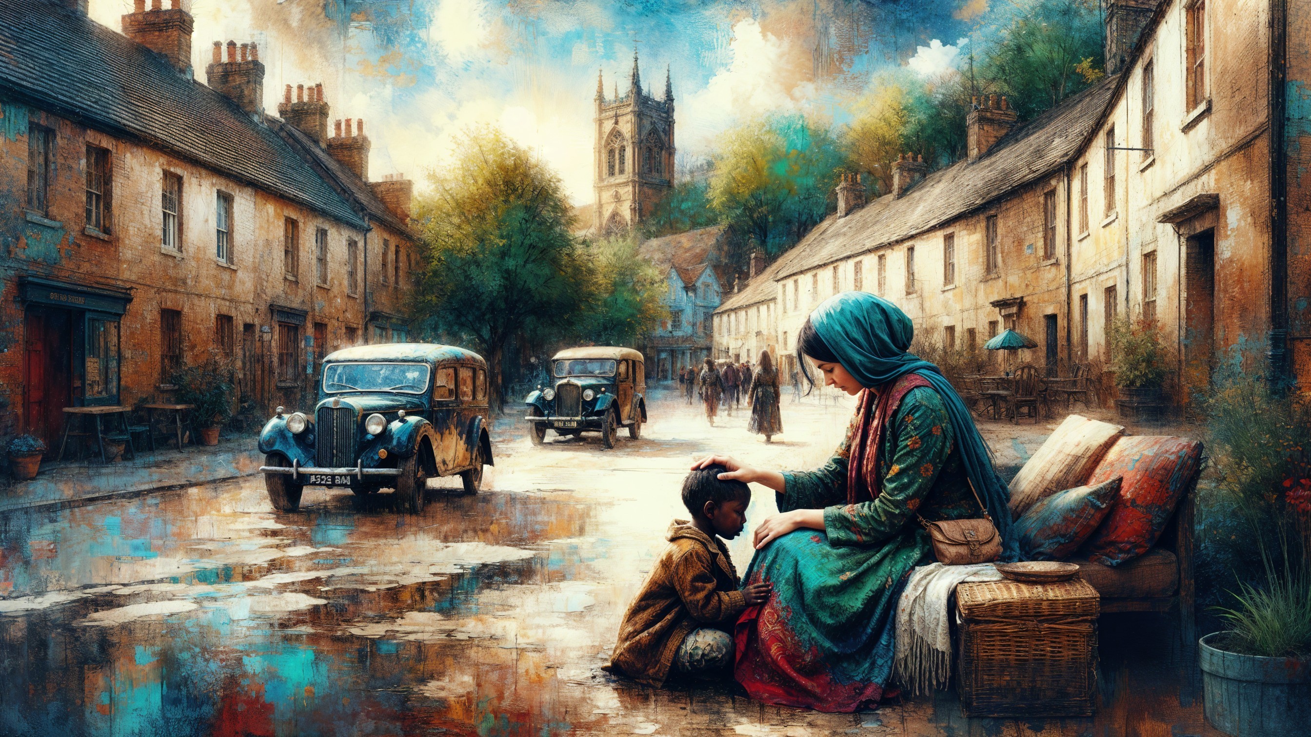 Serene Village Street with Stone Houses and Vintage Cars