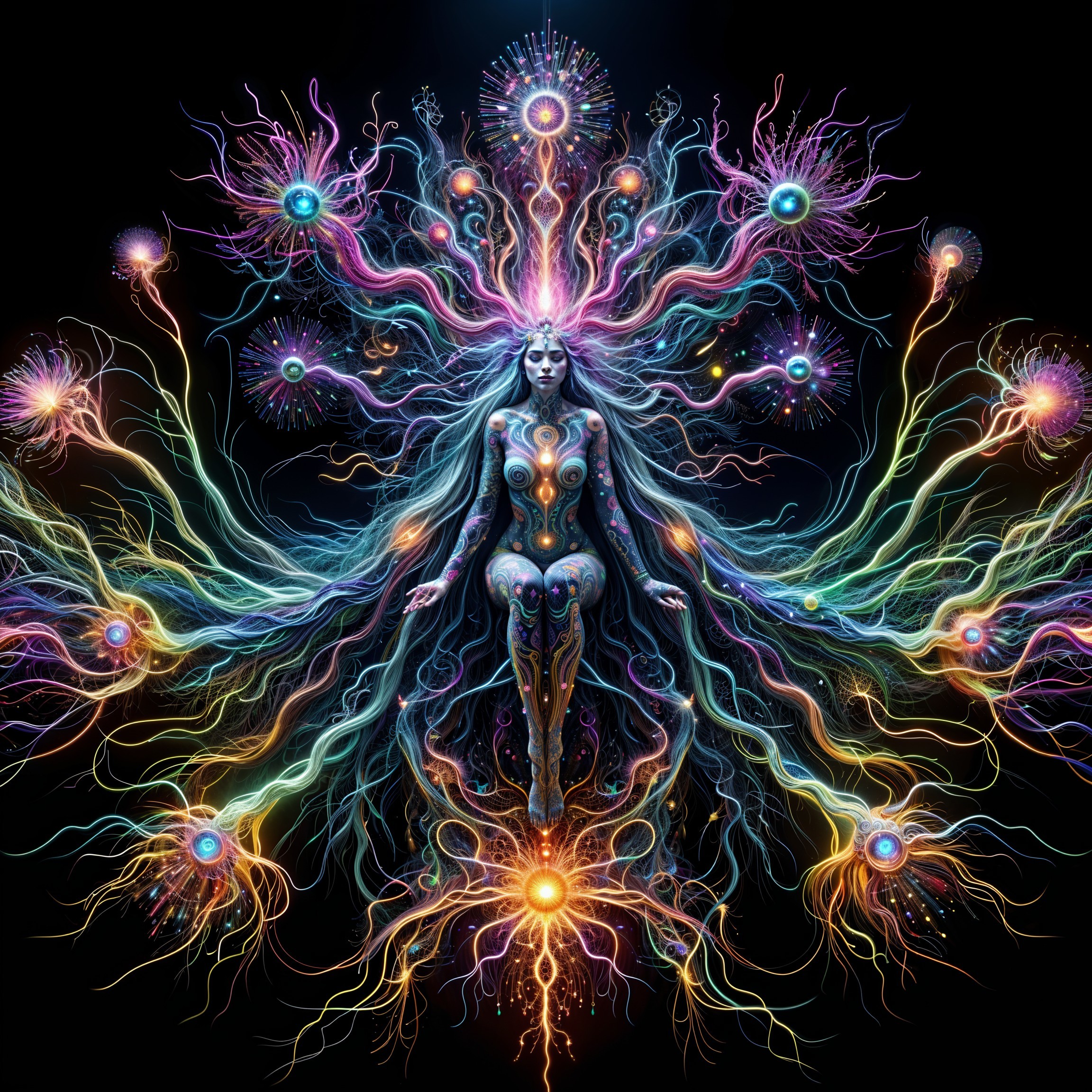 Vibrant Ethereal Figure Surrounded by Colorful Tendrils