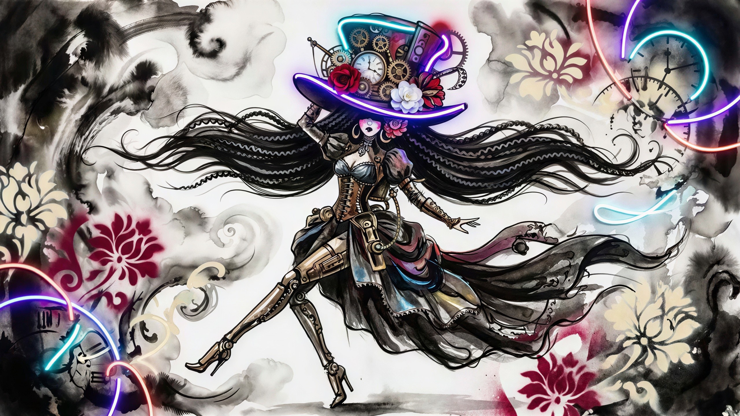 Steampunk Woman in Dynamic Dance Pose with Robotic Arms