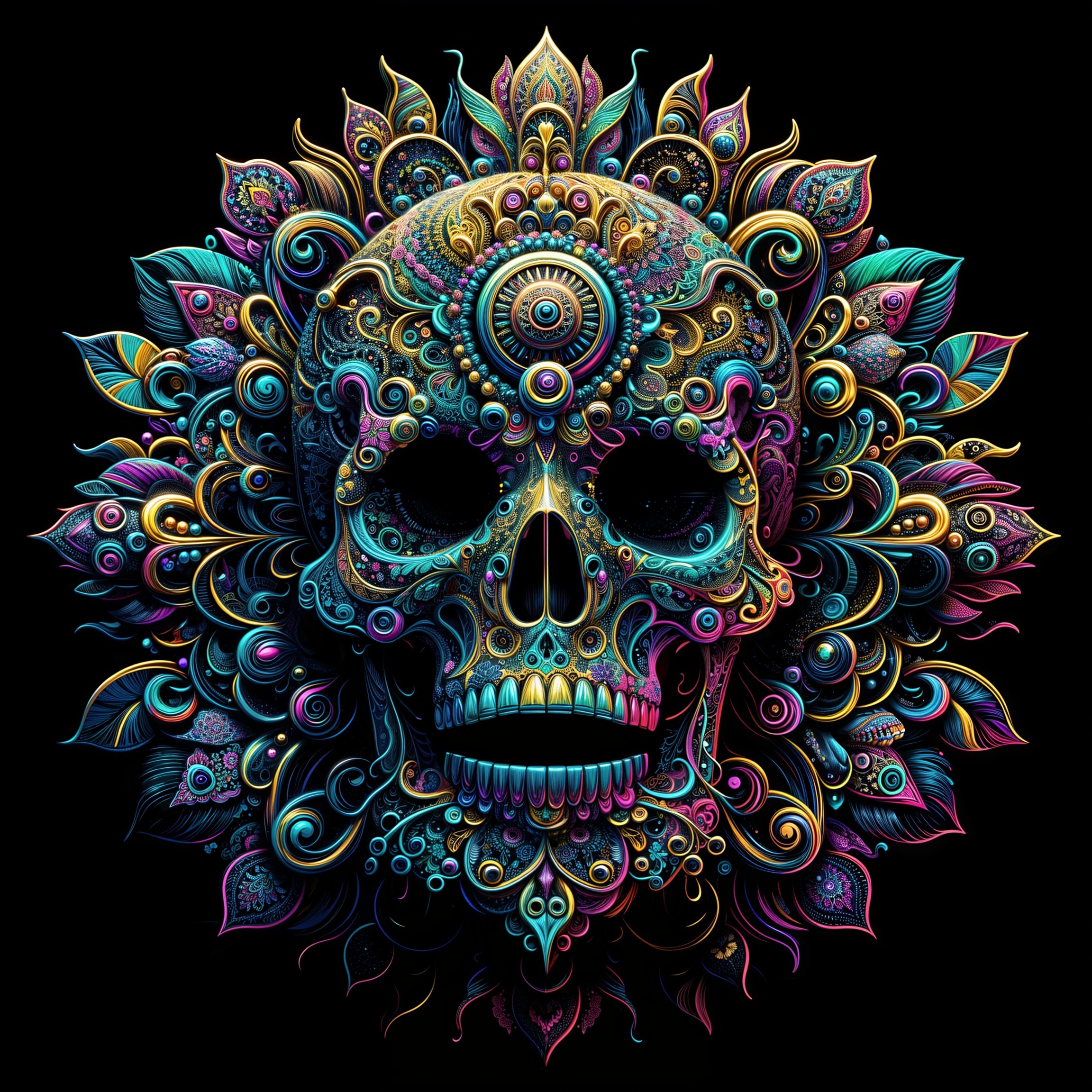Vibrant Skull Design with Floral and Geometric Patterns