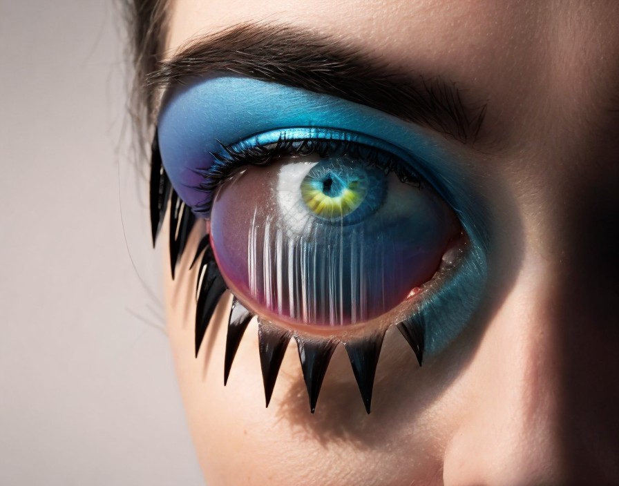 Close-up of a person's eye with blue eyeshadow and lashes