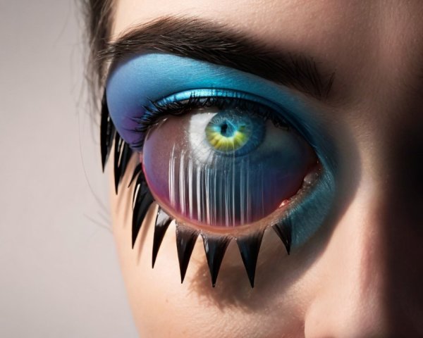 Close-up of a person's eye with blue eyeshadow and lashes
