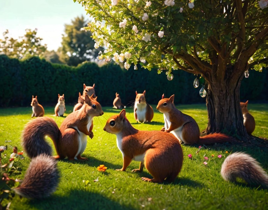 Squirrels on a Green Lawn Surrounded by Flowers and Trees