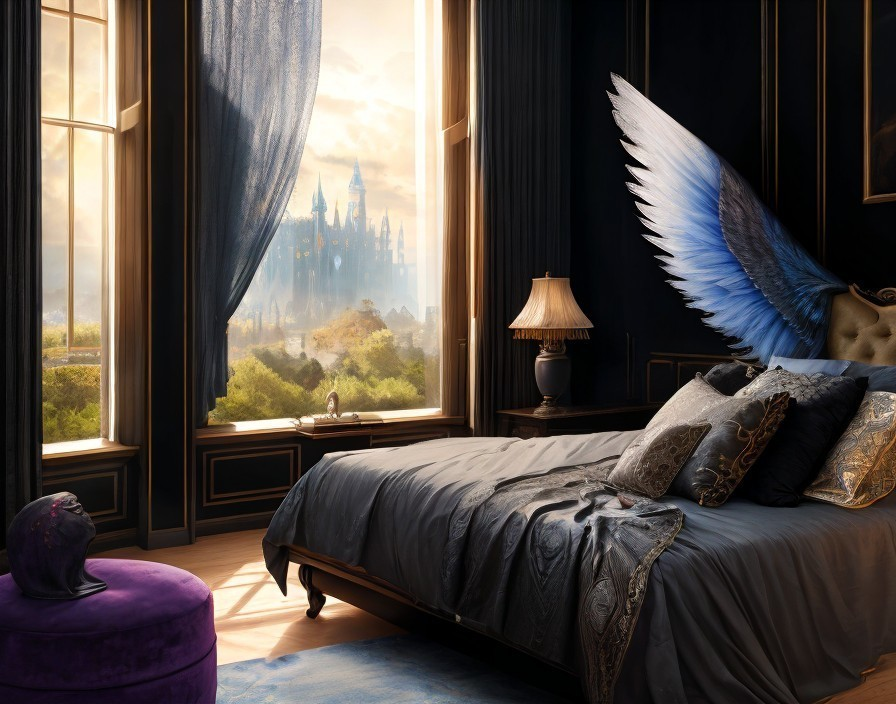 Luxurious Bedroom with Deep Blue Decor and Castle View