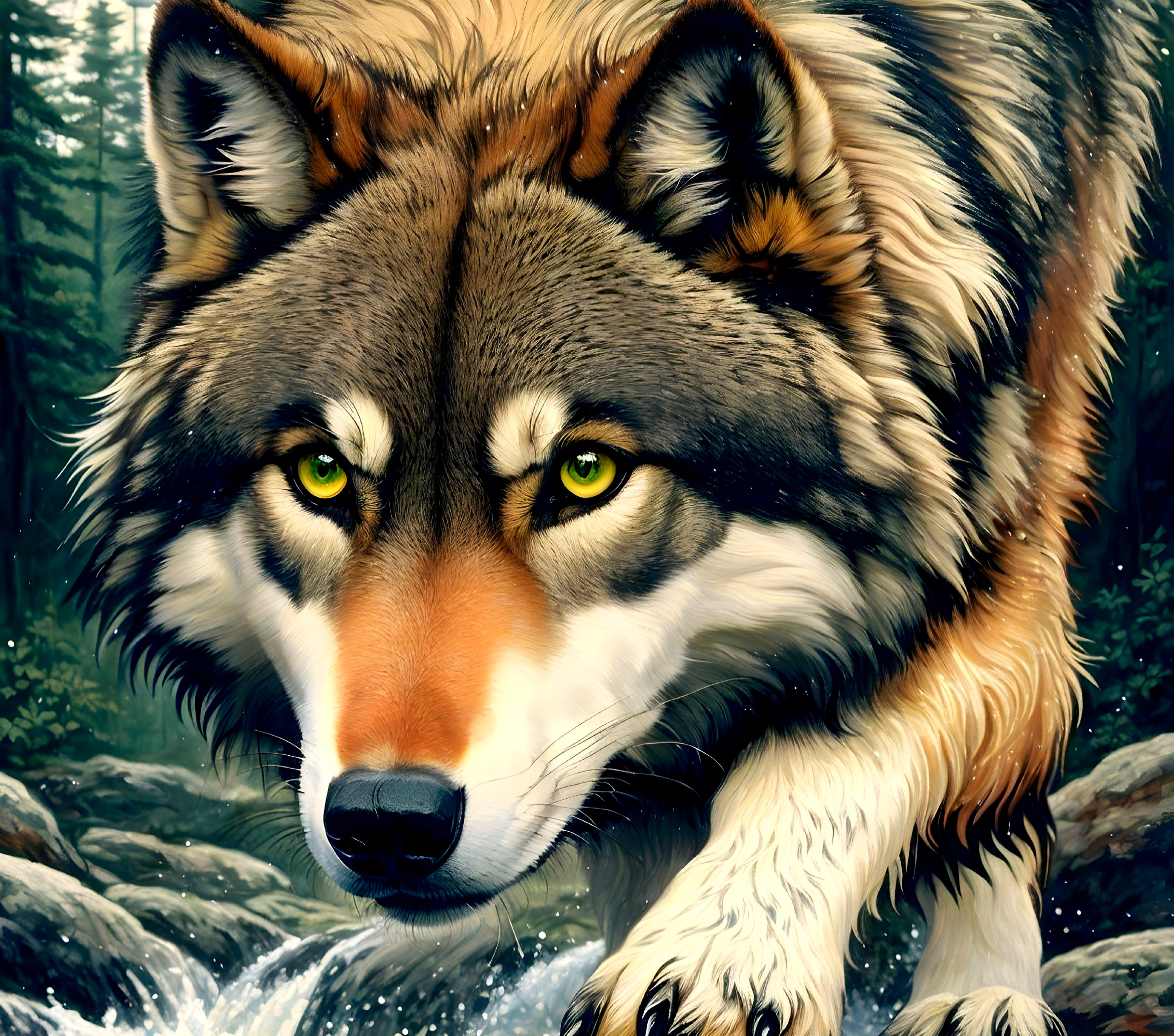 Majestic Wolf in Lush Forest with Golden-Green Eyes