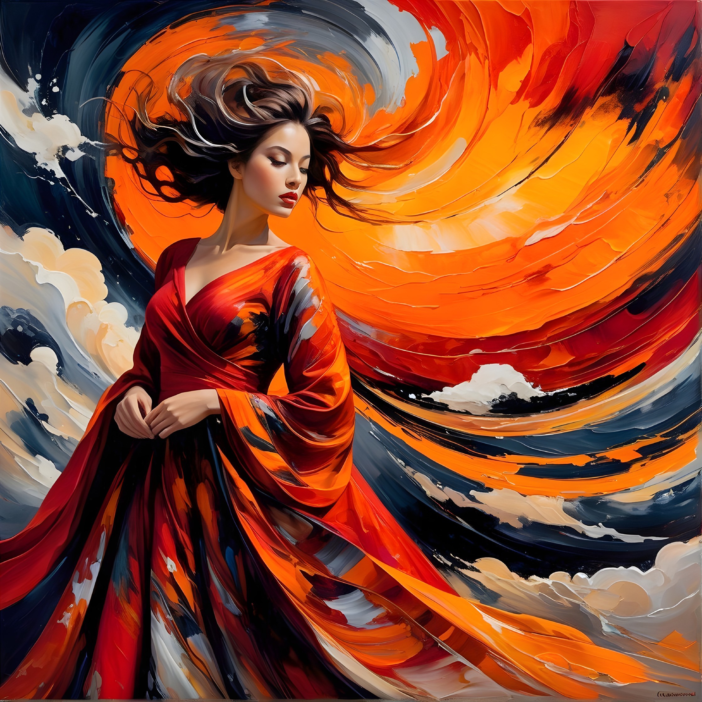 Woman in Vibrant Red and Orange Kimono with Swirls