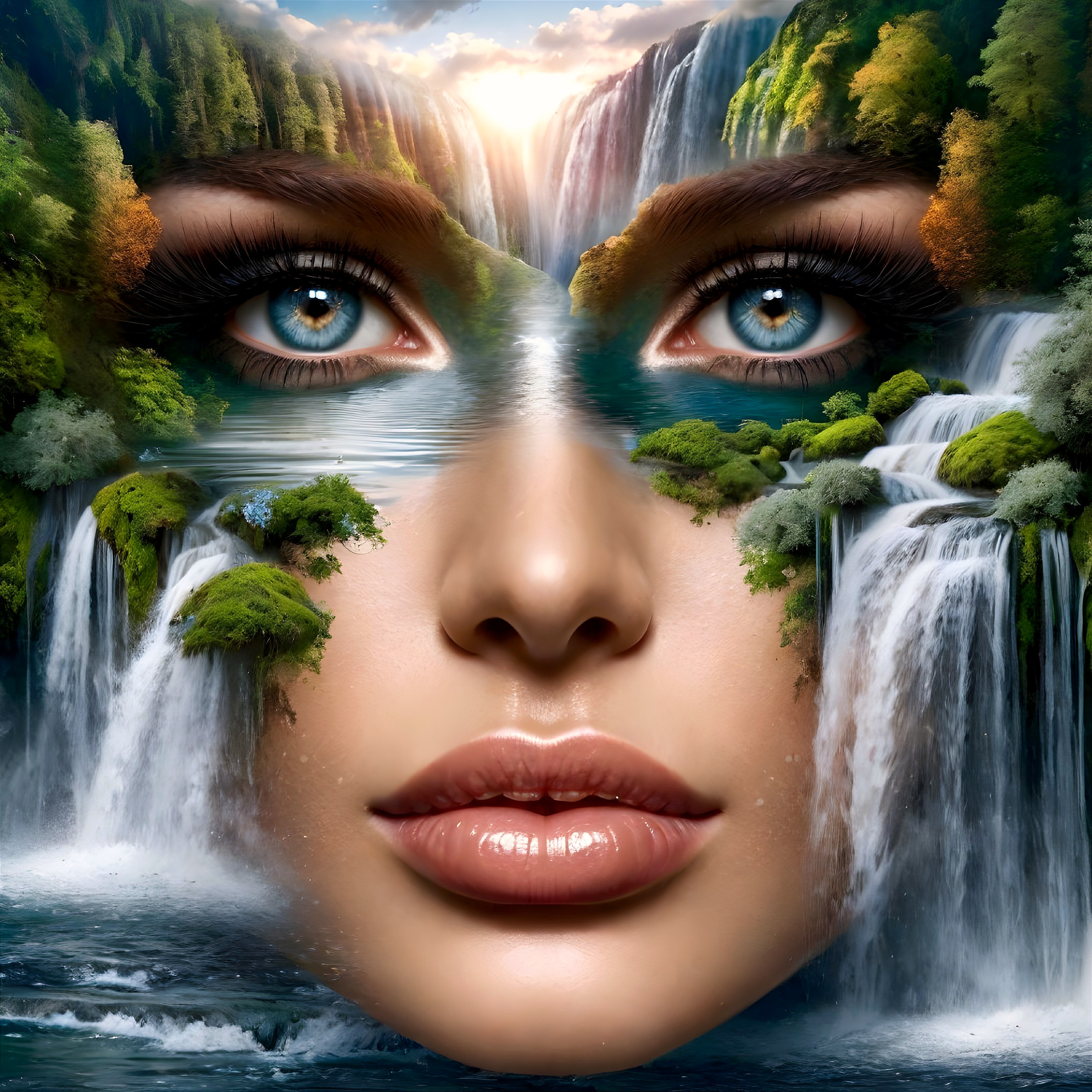 Surreal Woman's Face Merged with Vibrant Landscape