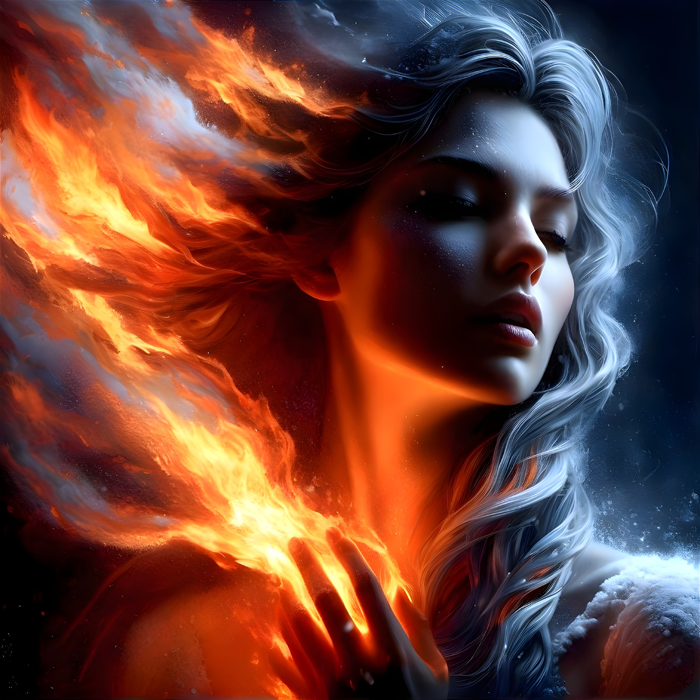 Portrait of a woman with silver hair and vibrant flames