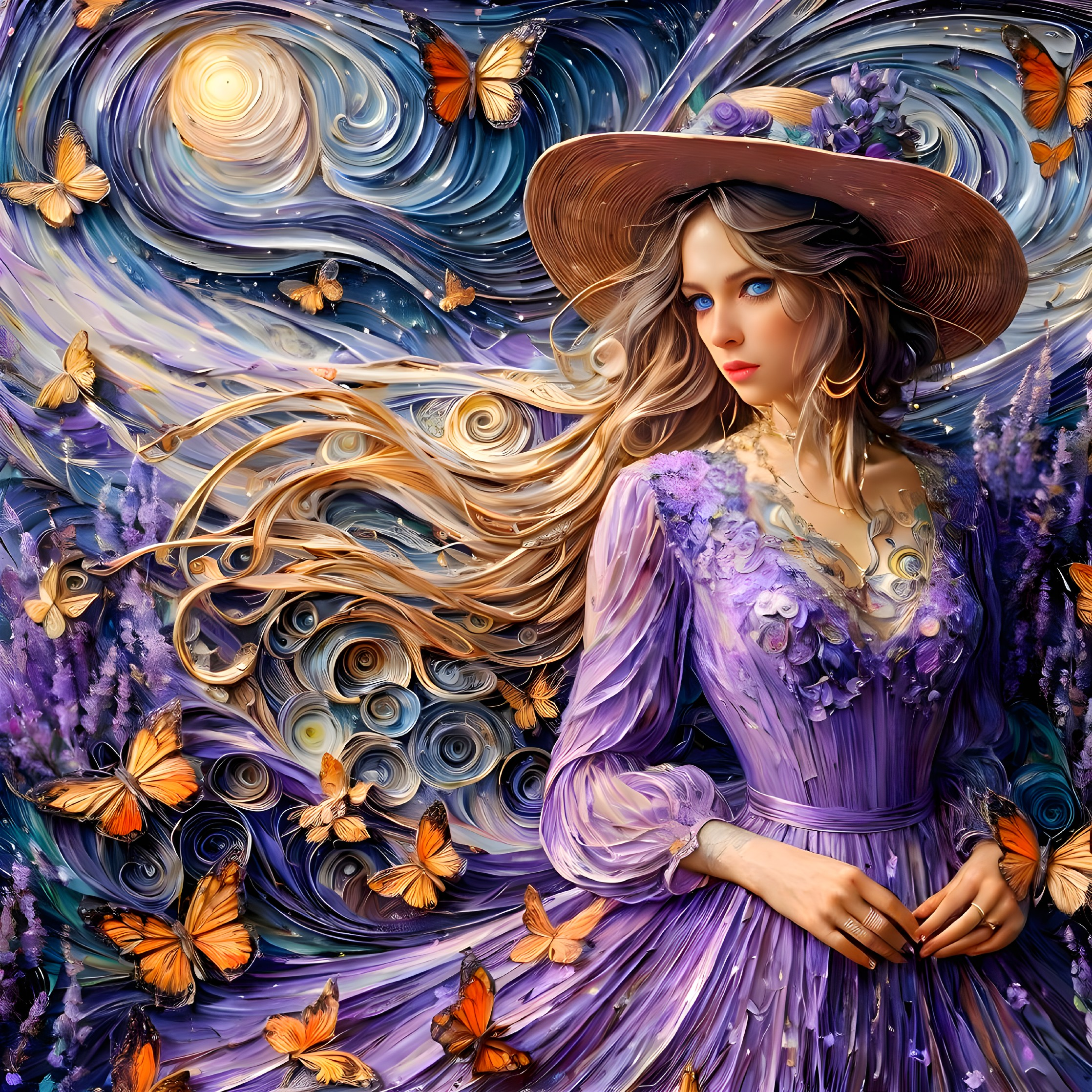 Dreamy Night Scene with Woman in Purple Dress