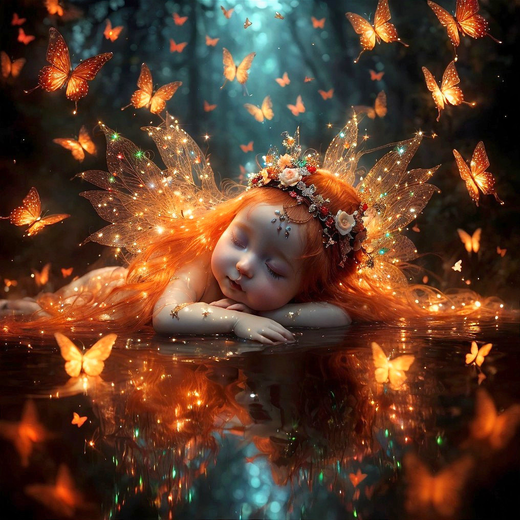 Child with Red Hair and Fairy Wings in Mystic Forest