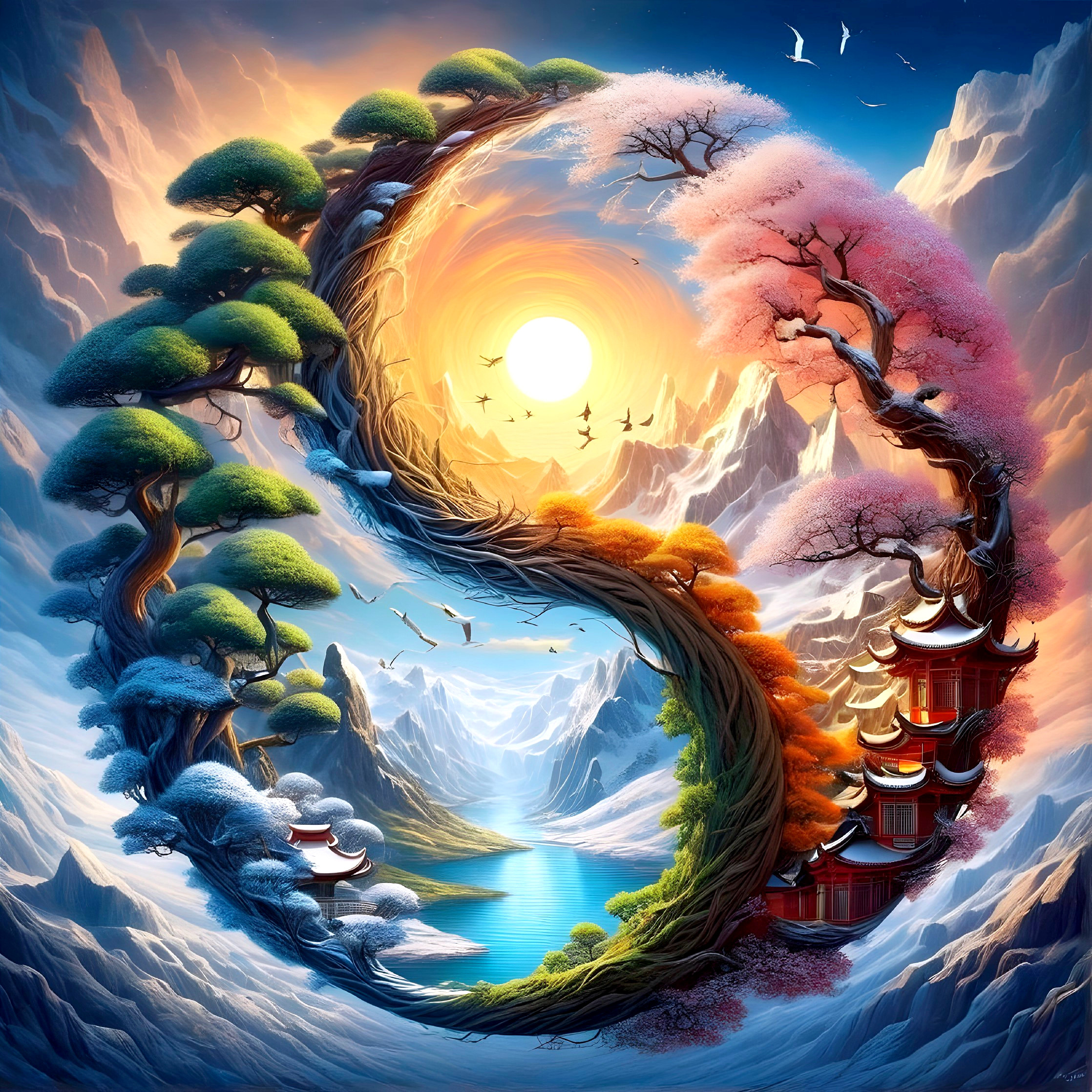 Contrasting Landscape with Yin-Yang Symbol Elements