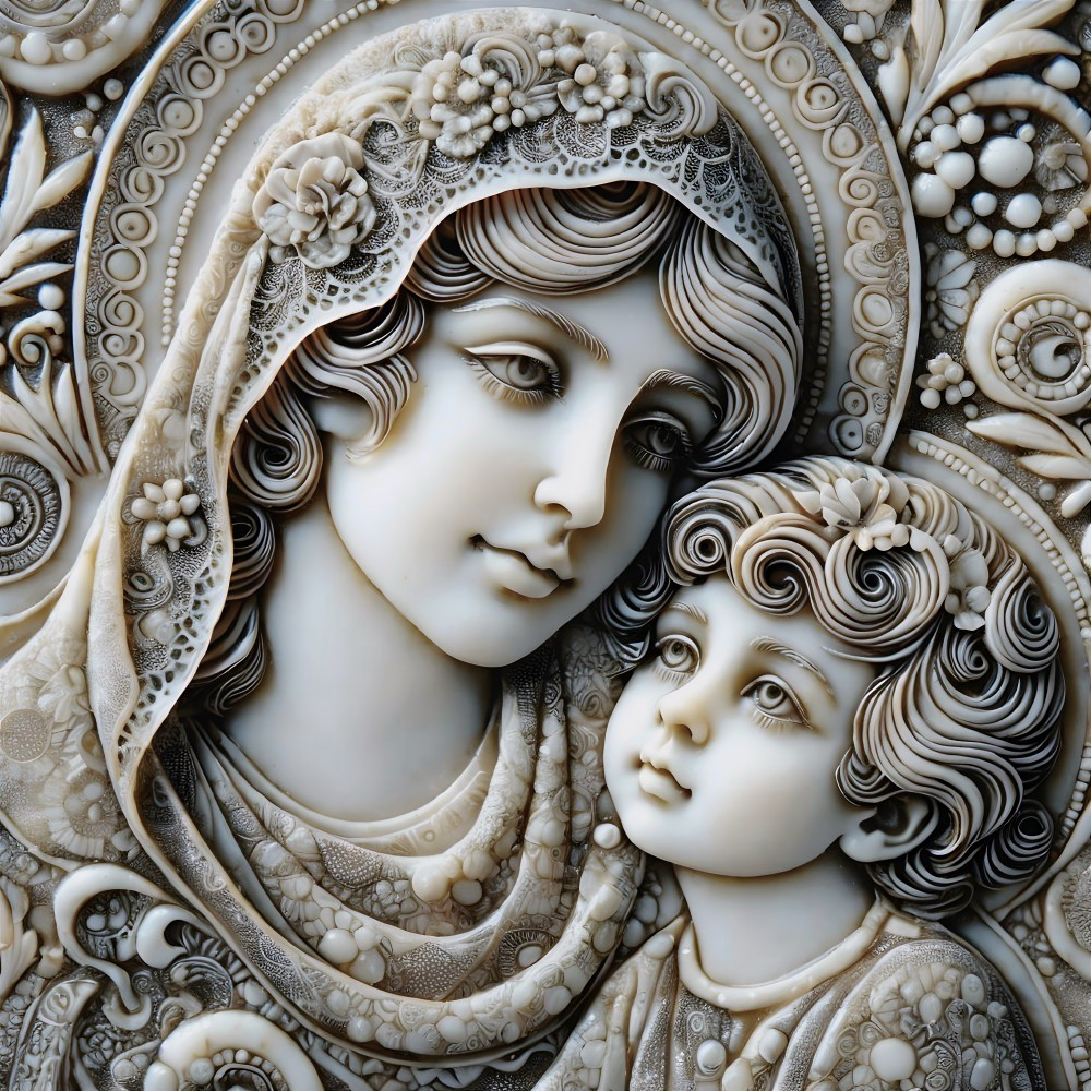 Intricate Bas-Relief Sculpture of Woman and Child