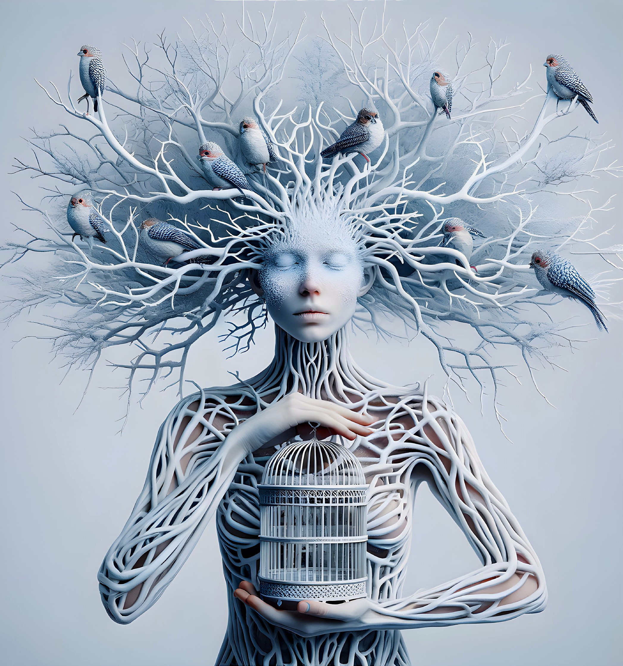 Surreal Figure with Tree-Like Body and Birdcage