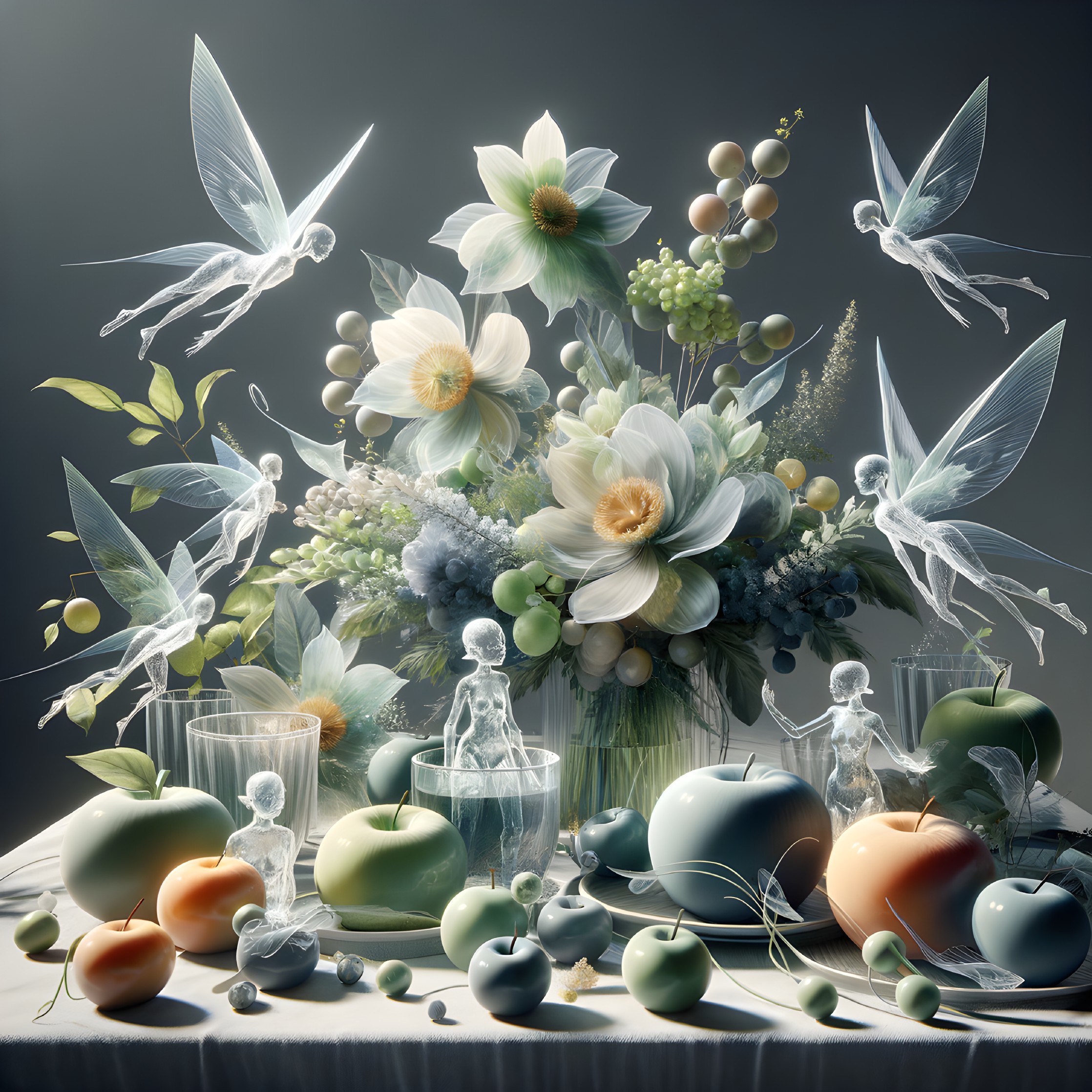 Tranquil still-life with pale flowers, fruits, and birds