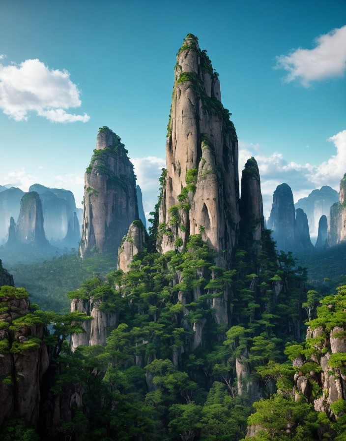 Tall Karst Pillars Surrounded by Green Foliage and Mist