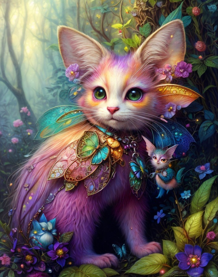 Whimsical Pink Kitten with Fairy Wings in Floral Setting
