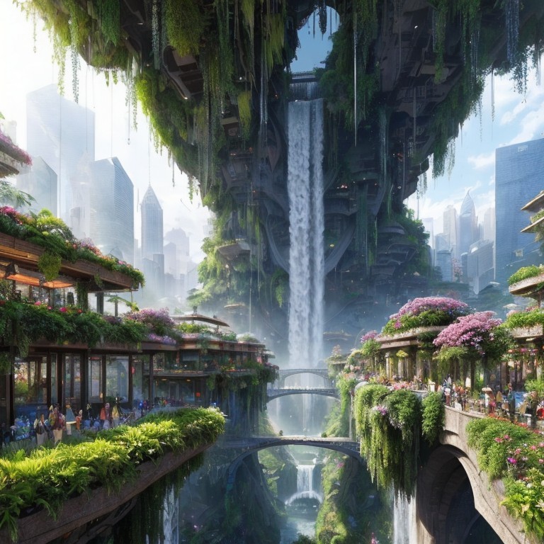 Futuristic cityscape with green skyscrapers and waterfalls