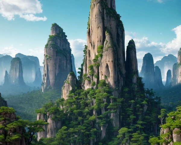 Tall Karst Pillars Surrounded by Green Foliage and Mist