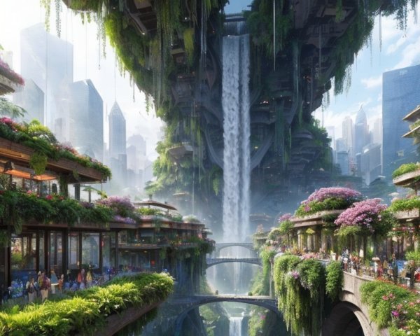 Futuristic cityscape with green skyscrapers and waterfalls