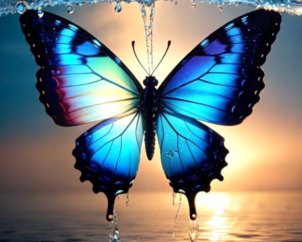 Blue Butterfly with Water Droplets at Sunset