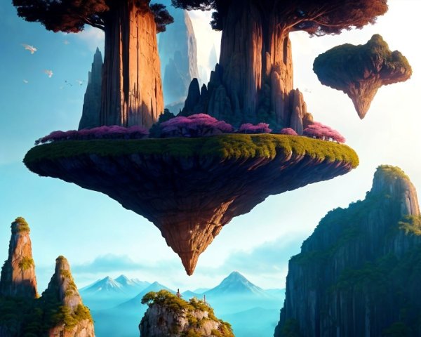 Fantastical Landscape with Floating Islands and Flora
