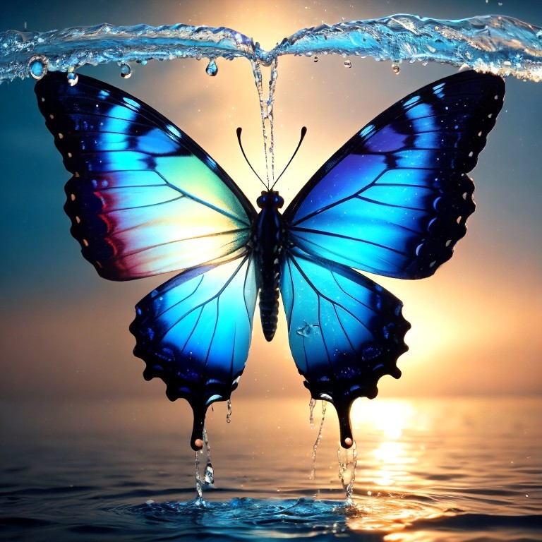 Blue Butterfly with Water Droplets at Sunset