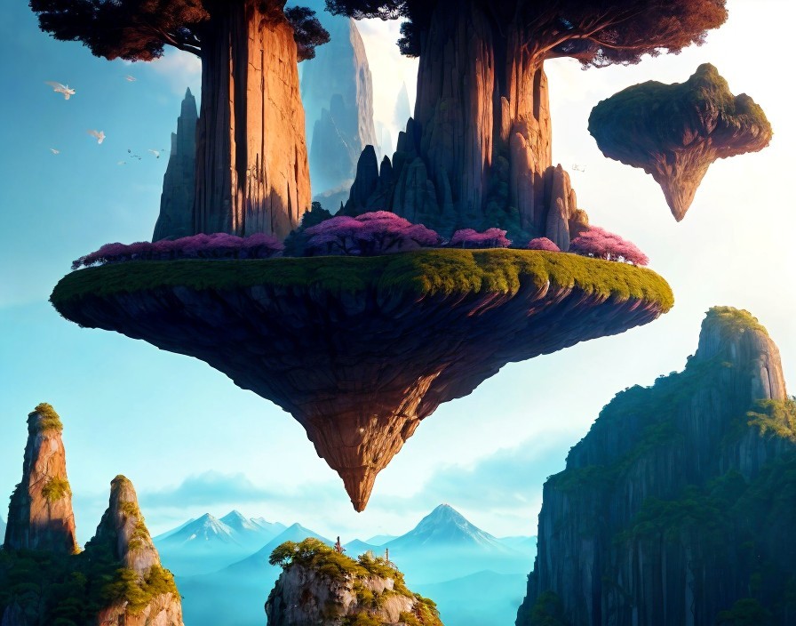 Fantastical Landscape with Floating Islands and Flora