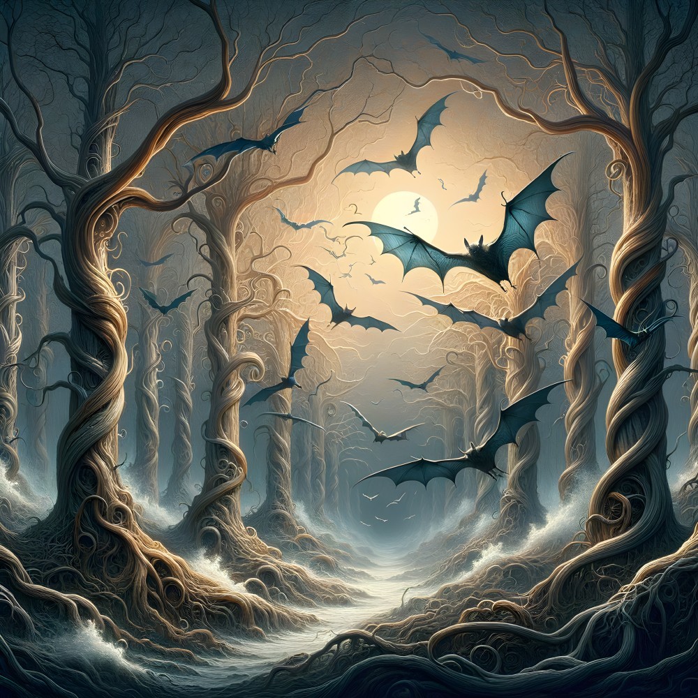 Mystical Forest Scene with Moonlight and Shadows