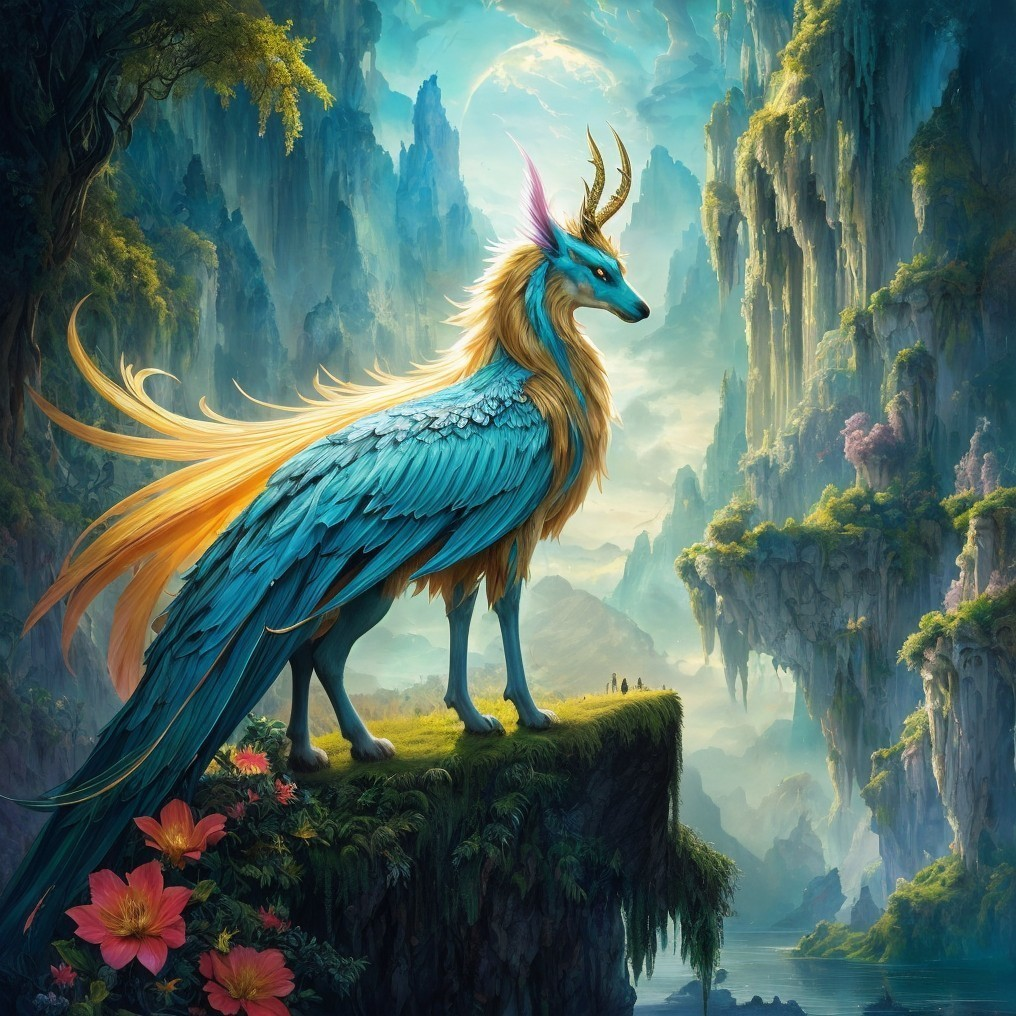 Majestic mythical creature on cliff with vibrant feathers