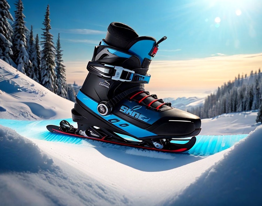 Black and blue ski boot on snowy mountain slope