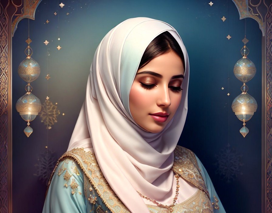 Woman in Hijab with Lanterns and Star Motifs