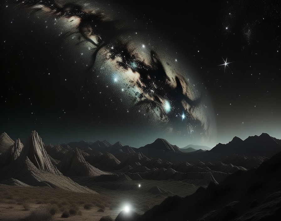 Night Landscape with Galaxy Over Mountainous Terrain