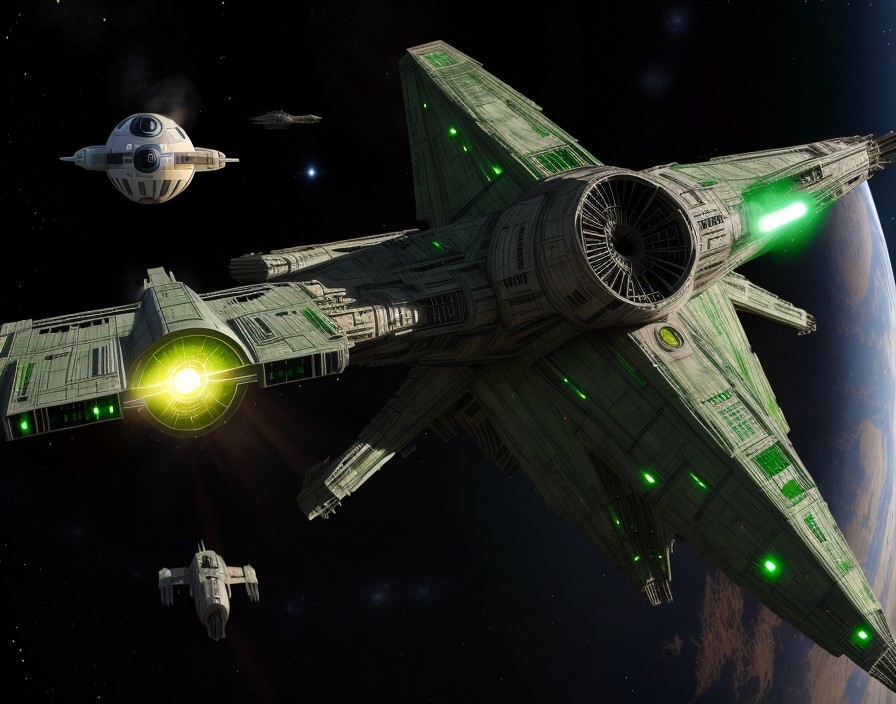 Detailed Spaceship Artwork with Green Lights in Space