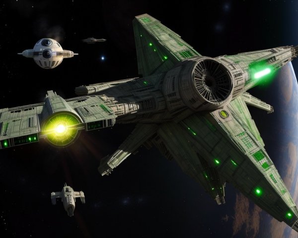 Detailed Spaceship Artwork with Green Lights in Space
