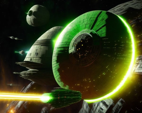 Spherical Space Station Emitting Green Laser in Space