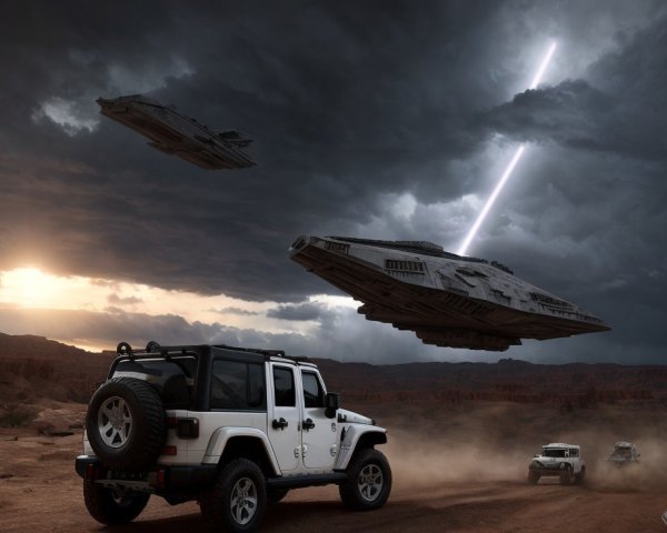 Jeep and Convoy on Desert with Sci-Fi Spaceships