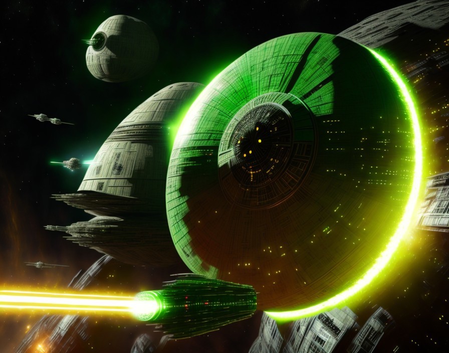 Spherical Space Station Emitting Green Laser in Space