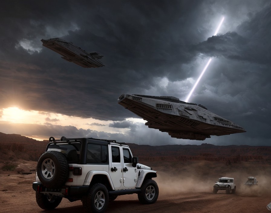 Jeep and Convoy on Desert with Sci-Fi Spaceships