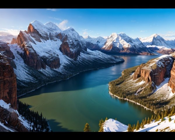 Serene Mountain Lake Surrounded by Snowy Peaks