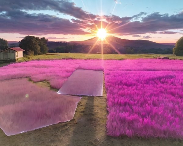 Sunset Over Purple Fields with Rolling Hills and Sky