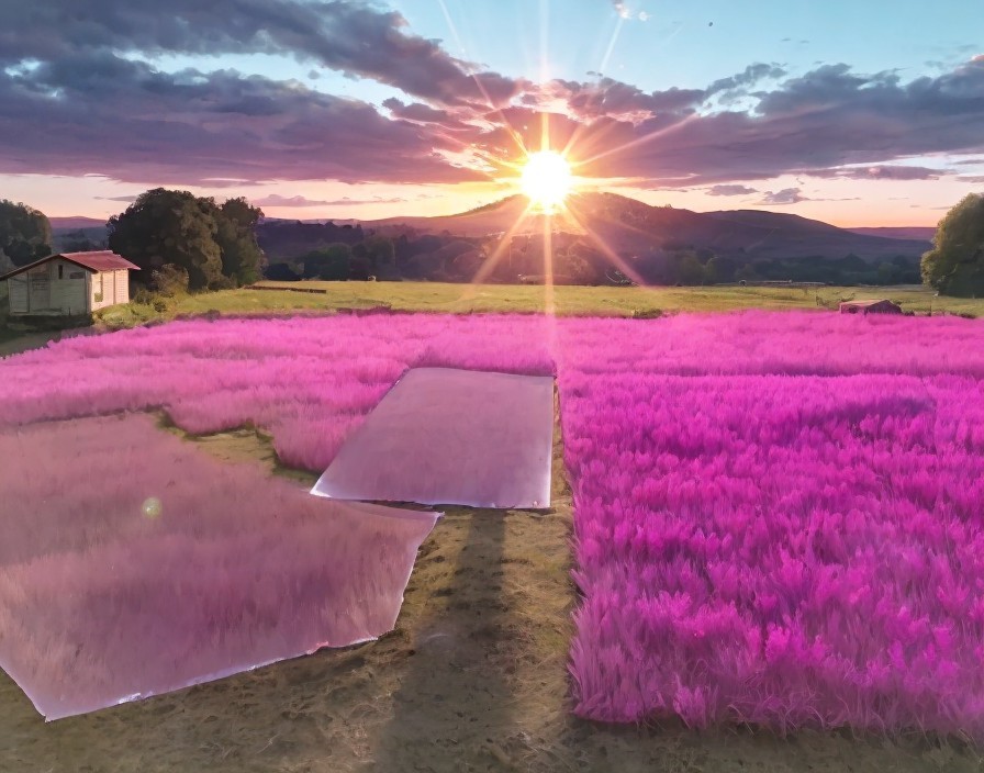Sunset Over Purple Fields with Rolling Hills and Sky