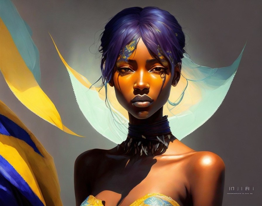 Digital artwork of a woman with purple hair and wings