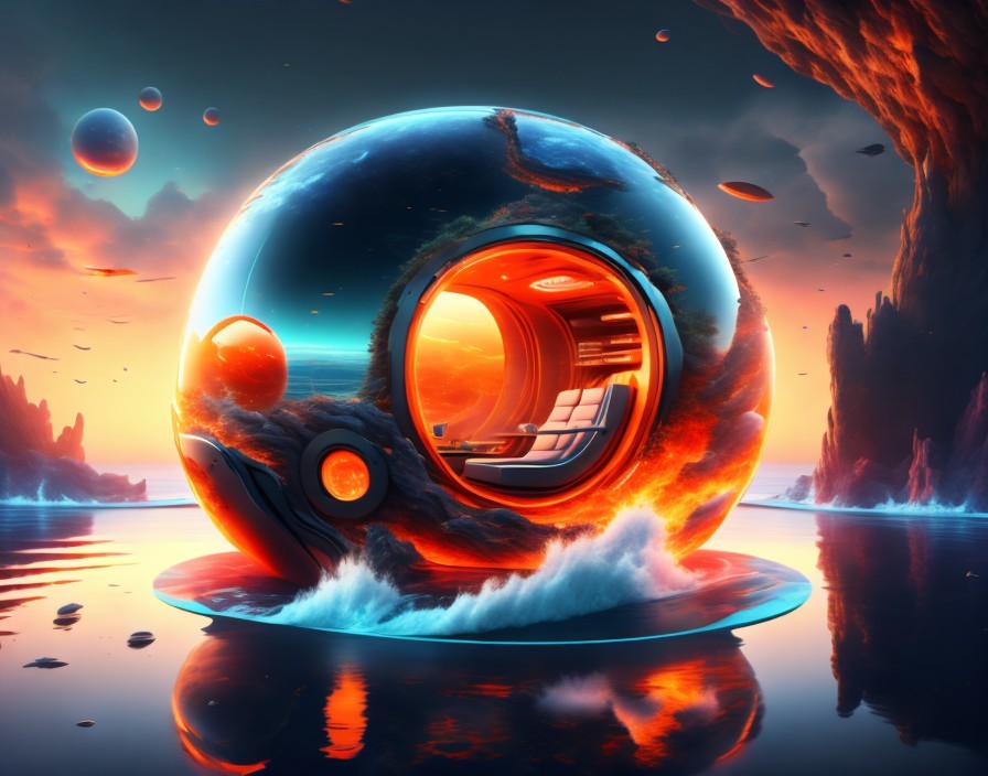 Futuristic Spherical Habitat in Alien Ocean Landscape
