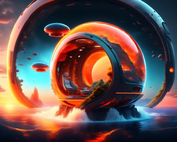 Vibrant Sci-Fi Landscape with Futuristic Structure and Waterfalls