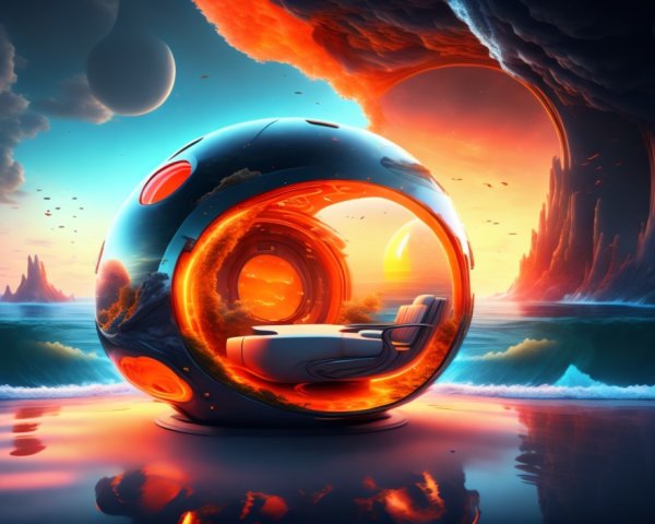 Futuristic pod interior on an alien beach at sunset
