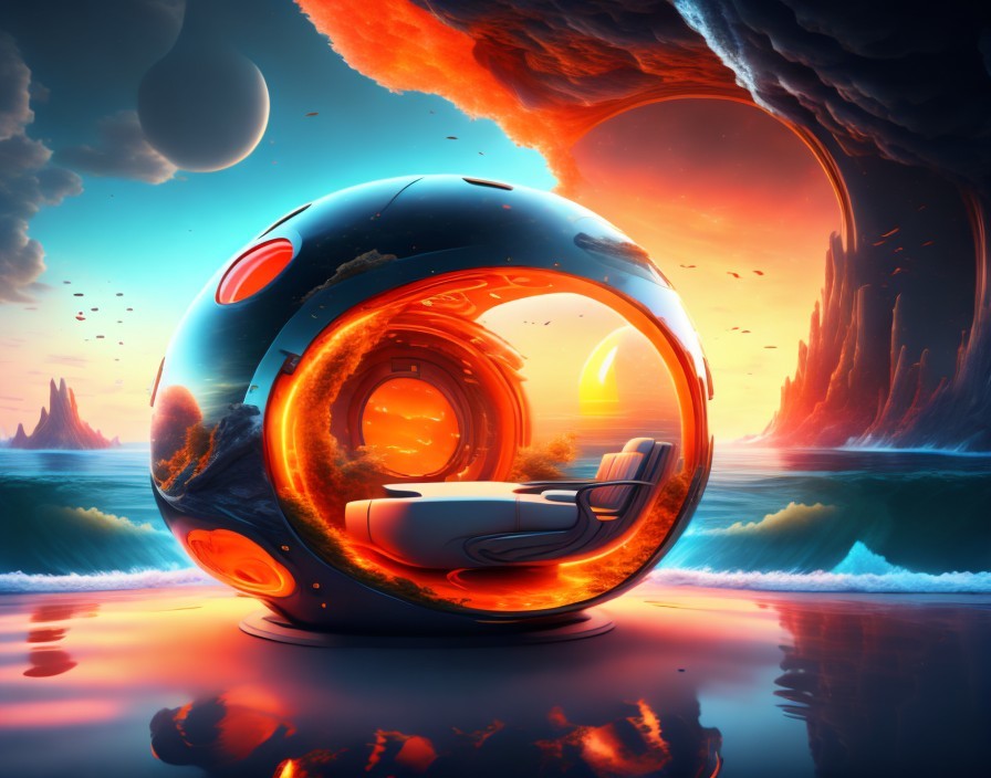 Futuristic pod interior on an alien beach at sunset