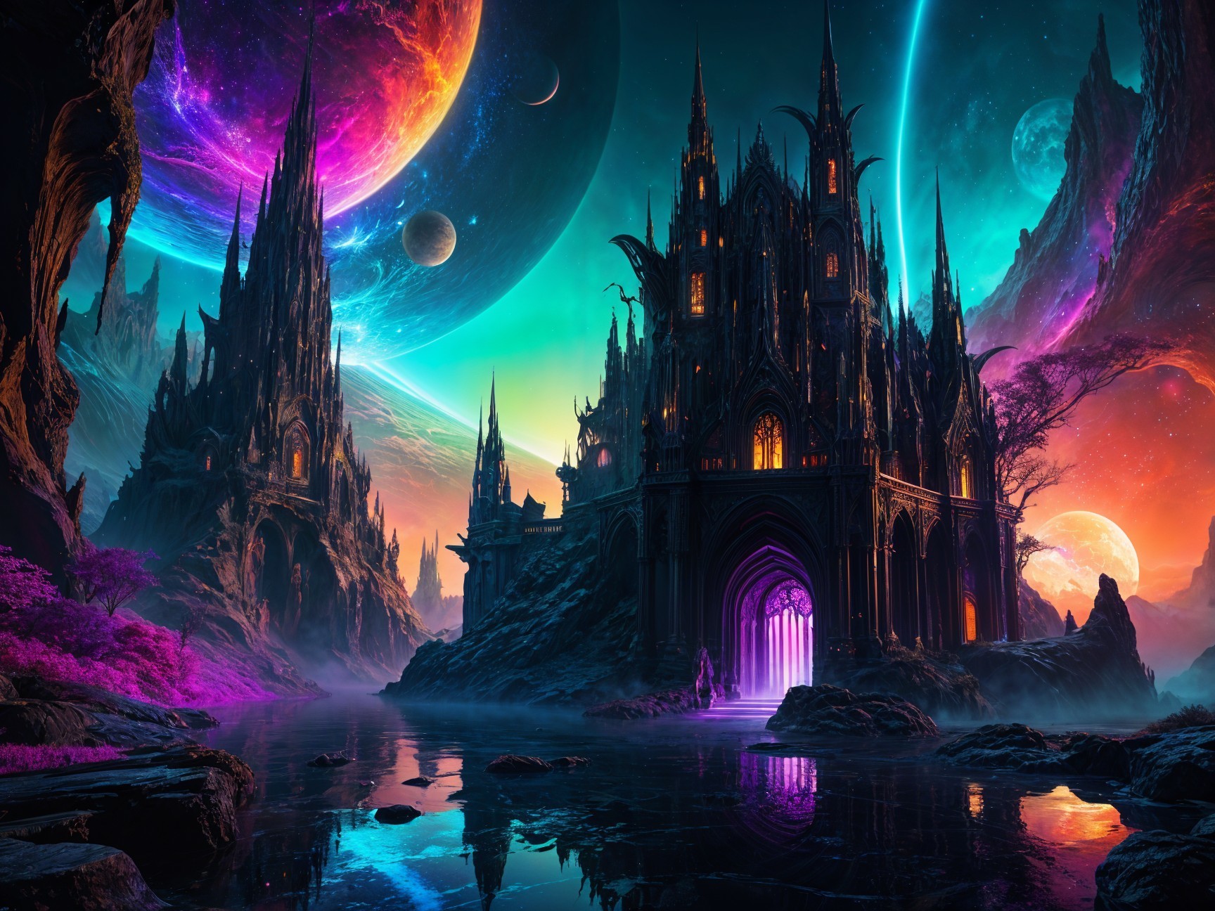 Fantasy Landscape with Gothic Castles and Galaxies