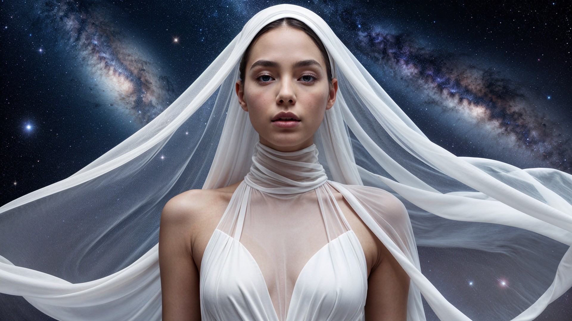 Serene Figure in White Gown Against Cosmic Backdrop
